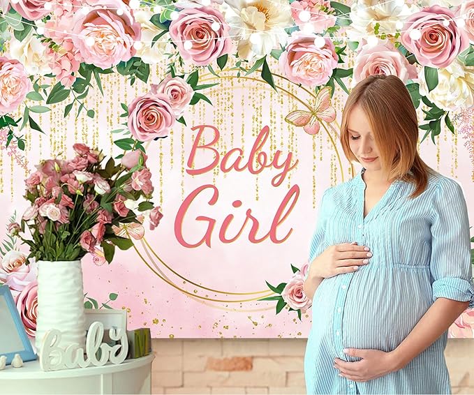 InMemory Pink Rose Baby Girl Baby Shower Backdrop Banner Decorations for Girl,Pink Gold Flower It's a Girl Banner Photography Background for Sweet Girls Baby Shower Party Decor Photoshoot Props 10x7ft