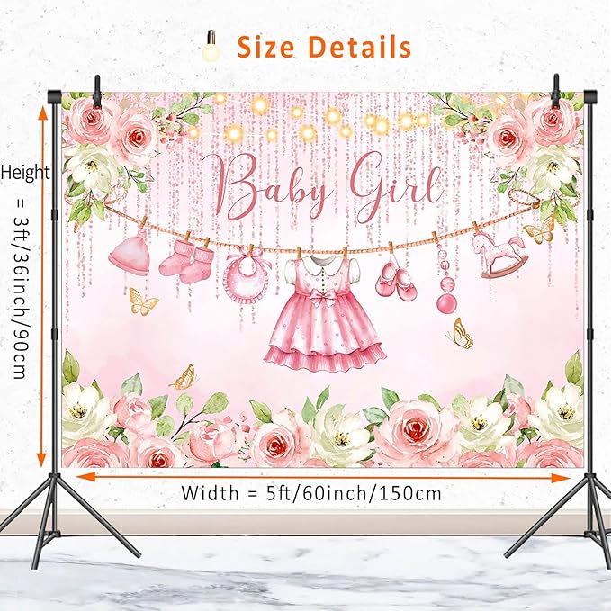 Pink Floral Baby Girl Baby Shower Backdrop Banner Decorations,Rose Gold Flower Its a Girl Banner Backdrops Photography Background for Baby Shower Newborn Party Supplies Photo Booth Props 5x3ft