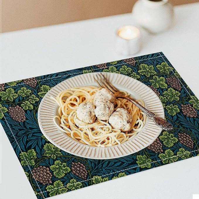 William Morris Vintage Botanical Placemats Set of 4, Retro Grapes Vines Flower Boho Plant Place Mats, Heat Resistant Non Slip Cotton Linen Dining Table Mats for Home Kitchen Party 18x12 Inch