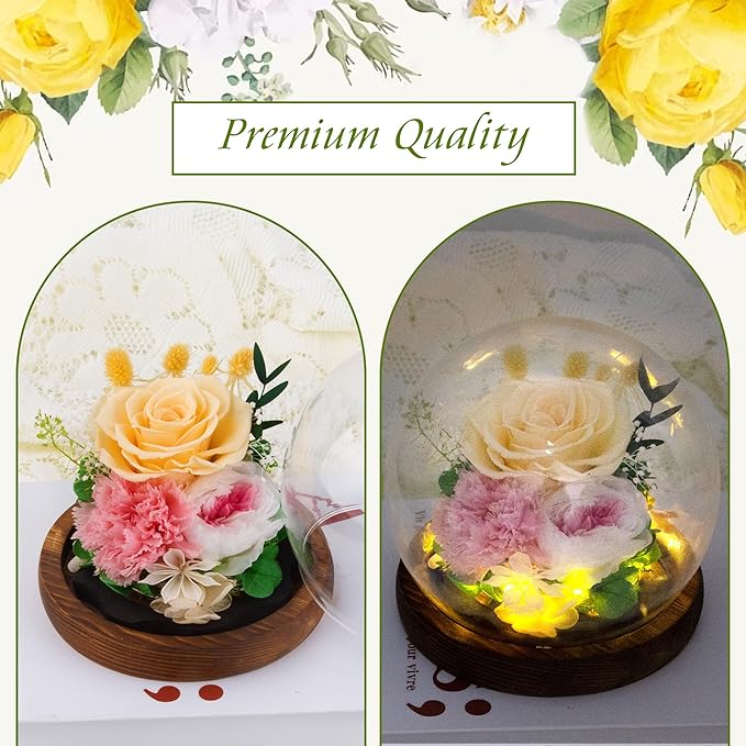 Yellow Rose Gifts for Womens Mothers Day Gifts for Mom Wife Girlfriend Mom - Preserved Real Rose in Glass Dome with LED Strip, Forever Flowers for Delivery on Birthday Anniversary