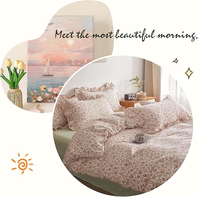 Pink Flower Duvet Cover with Ruffle Pillowcases 100% Cotton Floral Bedding Set Twin Teen Girls Aesthetic Flower Comforter Cover Cottagecore Garden Style Boho Floral Duvet Cover with Zipper Closure