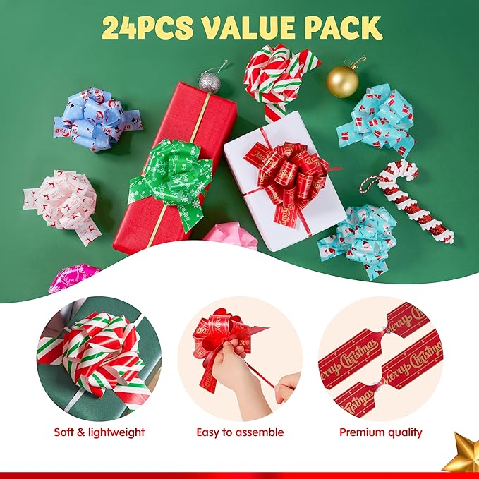JOYIN 24 PCS Christmas Ribbon Pull Bow, 5" Gift Wrapping Pull Bow, Xmas Gift Accessory for Christmas Present Wrapping, Party Decorations, Boxing Day Decorations, Holiday Decor