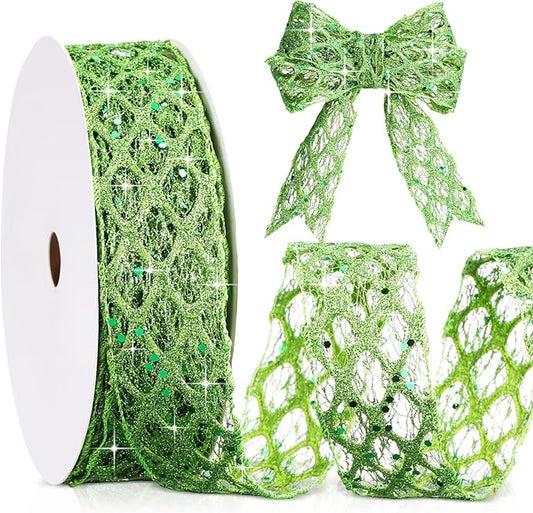 Geosar 20 Yards Green Glitter Mesh Wired Ribbon for Christmas Tree Decorations, Gift Wrapping, DIY Craft, Xmas Wreaths, Cabinet Decor (1.5 Inch)