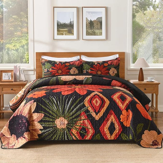 Andency Floral Boho Quilt Super King Plus Size Bedding Set Black, 3 Pieces Farmhouse Flower Botanical Summer Bedspreads with 2 Shams, Soft Reversible Microfiber Coverlet Set for All Season, 128"x120"