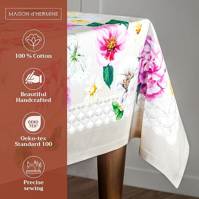 Maison d' Hermine Table Cloth Square Table 100% Cotton 60 x 60 Inches Tablecloth Reusable Decorative Everyday Use for Dining Room, Farmhouse, Home, Party, Festive & Wedding Spring Summer - Pivoine