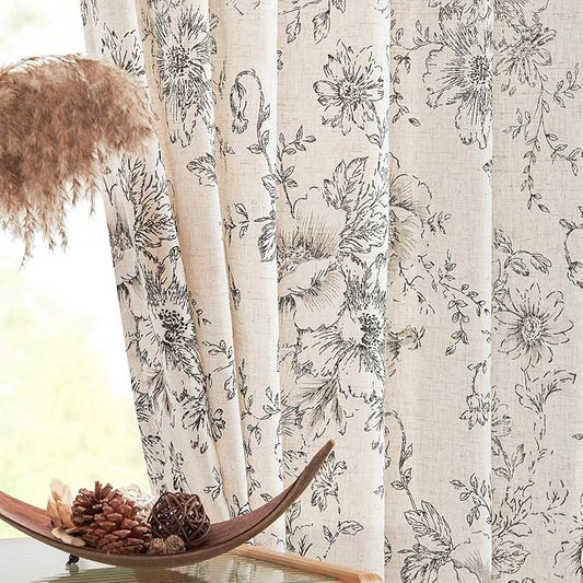 jinchan Linen Blend Curtain Floral Curtains for Living Room 90 Inch Length Black Printed Curtain Rod Pocket Back Tab Farmhouse Peony Flower Patterned Drapes Bedroom Window Curtains Set 2 Panels