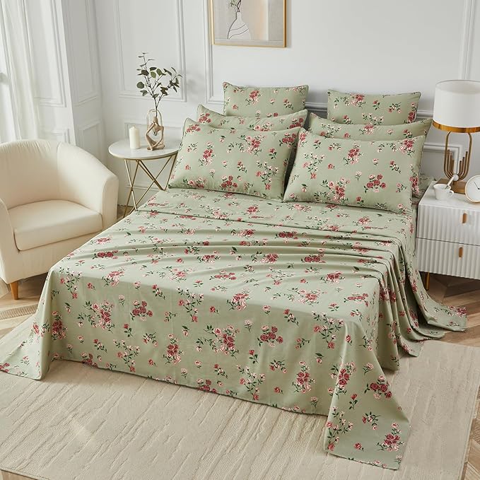 FADFAY Queen Size Sheet Set 100% Cotton Sage Green Bed Sheets, French Country Red Rose Floral Pattern, Soft Cool Luxury Bedding, Shabby Vintage Style, 4 Pieces Deep Pocket Fitted Sheet
