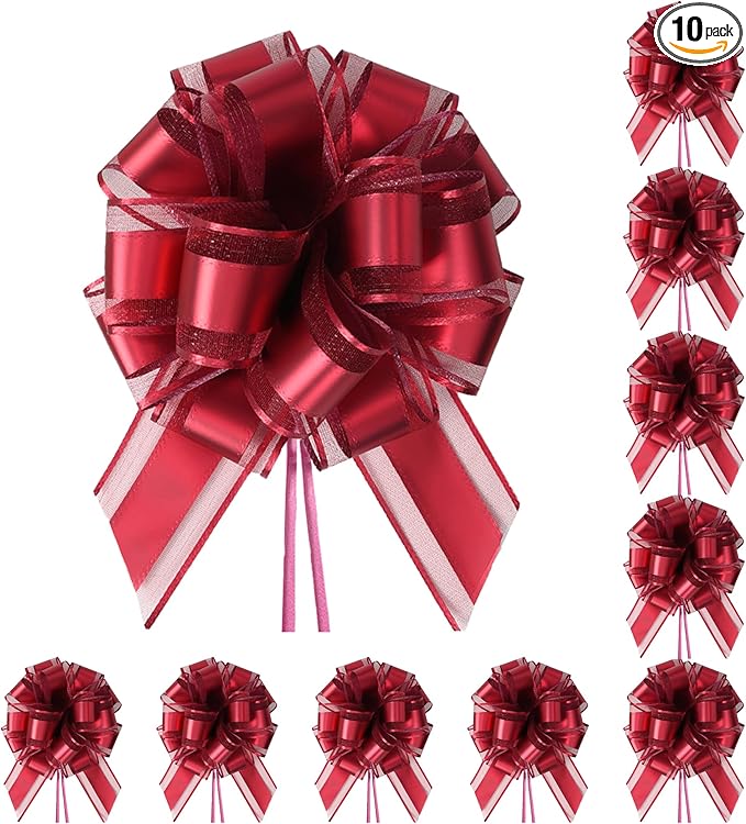 10-Pack Wine Red Pull Bows for Gift Wrapping - 6 Inch Reusable Ribbon Bows, Large Instant Floral Decor Bows for Wedding, Christmas, Birthday Decor, Gift Basket & Party Decorations