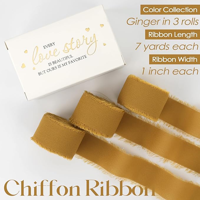 MEEDEE Ginger Yellow Chiffon Ribbon 1 Inch Frayed Chiffon Silk Fringe Ribbon Thin Chiffon for Crafts, Gift Wrapping, Wedding Invitation (3 Rolls 21 Yards)