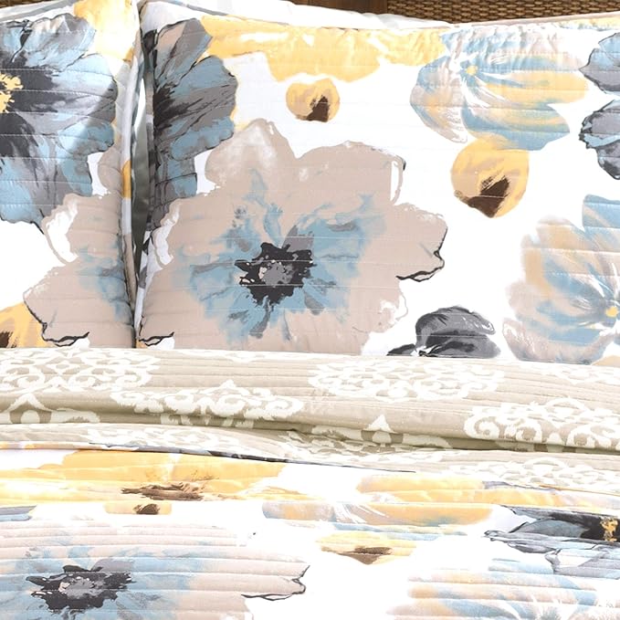Lush Decor Leah Reversible Floral Quilt Set, 3 Piece Set, Full/ Queen, Yellow & Gray - Watercolor Botanical - Cottage Core - French Country Decor- Bedding Queen Size