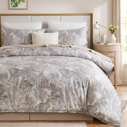 100% Cotton Duvet Cover Queen Size – Elegant Vintage Botanical Bedding Set with Zipper Closure, 3 Pieces Soft Breathable Neutral Floral Print Comforter Cover with 2 Pillowcases