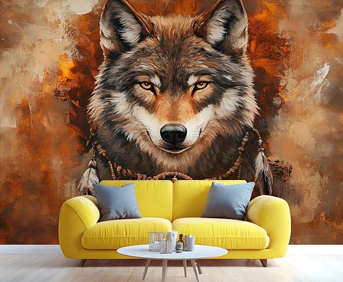 Wolf Dreamcatcher Wall Mural, Tribal Wolf 3D Wall Murals, Feathers Dreamcatcher Animal Totem Wallpaper Mural, for Living Room Bedroom Large Wallpaper Indoor Decor 197" W x124.8 H