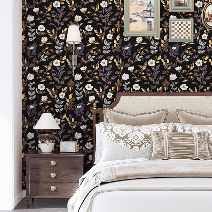 Dark Floral Wallpaper Peel and Stick Vintage Gold Leaf Contact Paper Black Floral Wallpaper Waterproof Self-Adhesive Wall Covering for Bedroom Countertop Desk Cabinets 17.4" x 393"