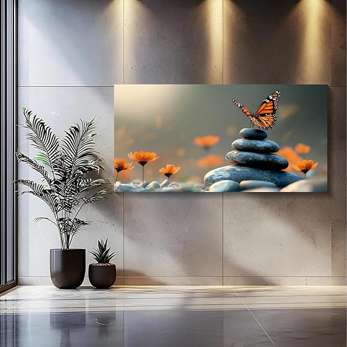 Iallbin Zen Stone Wall Art & Zen Wall Decor, Dark Smooth Rounded Stones Small Star-Shaped Golden-Yellow Flowers-for Yoga Meditation Room, Spa & Bathroom, Orange Monarch butterfly Art Deco Style, 48x24 Inches