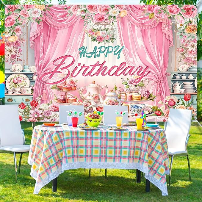 Tea Party Backdrop Let's Partea Happy Birthday Photography Background Wonderland Pink Rose Floral Teapot Women Tea Party Decor Banner Portrait Photo Booth Studio Props 9x6ft FU084YL