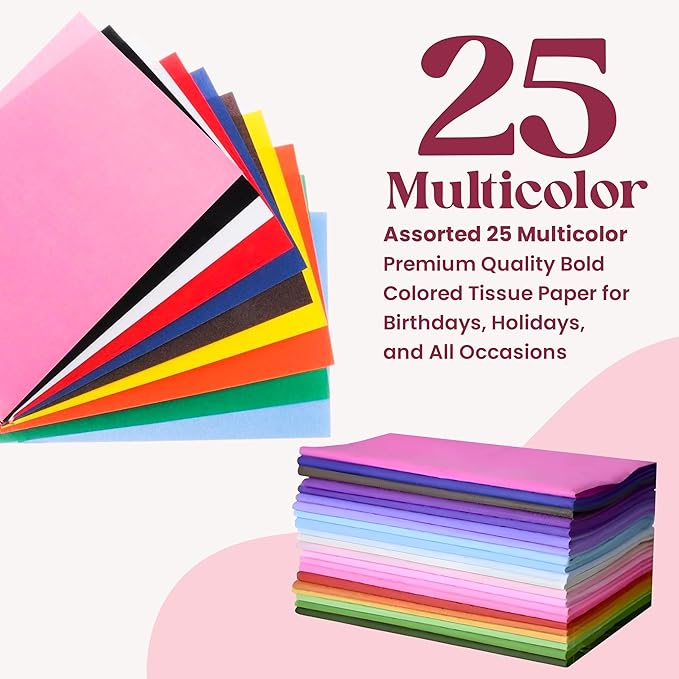 Tissue Paper for Gift Bags - Tissue Paper Bulk | 25 Colors 100 Sheets Colored 20x26 | Crafts, Wrapping, Packaging, Birthday, Holiday