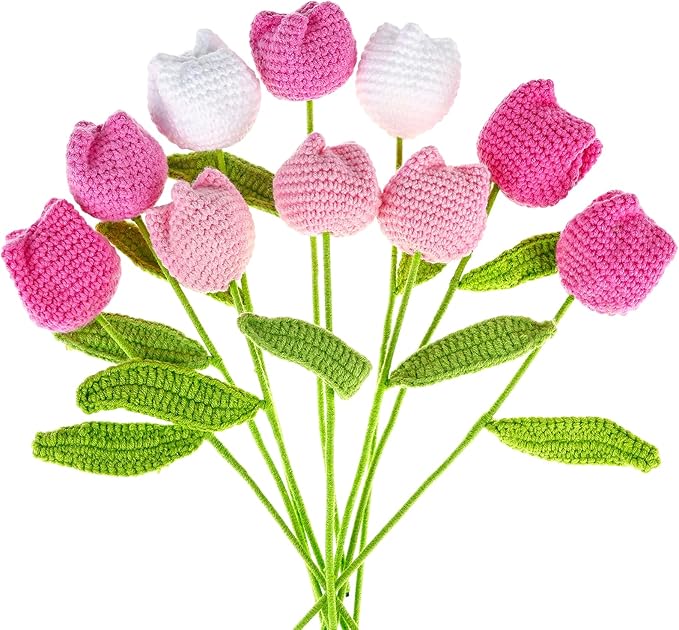 10 Pcs Crochet Tulip Flowers Artificial Flowers Bouquet Finished Handmade Knitted Tulip Bouquets with Leave and Long Stem for Home Centerpieces Decor Valentine's Day Wedding Anniversary (Pink tulips)
