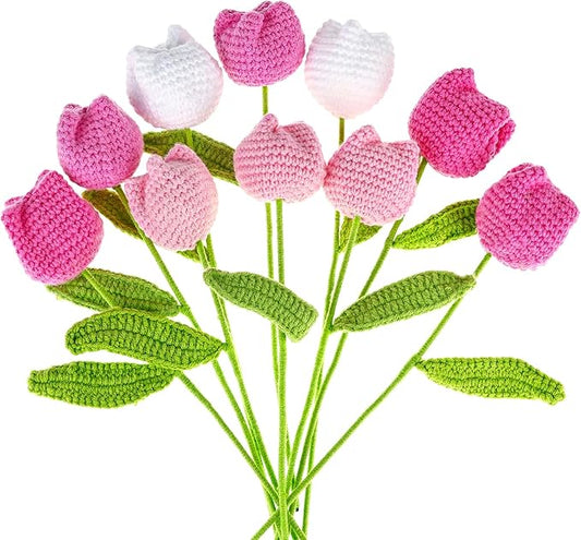 10 Pcs Crochet Tulip Flowers Artificial Flowers Bouquet Finished Handmade Knitted Tulip Bouquets with Leave and Long Stem for Home Centerpieces Decor Valentine's Day Wedding Anniversary (Pink tulips)