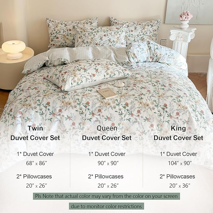 EAVD Fresh Garden Botanical Floral Duvet Cover King Soft 100% Cotton Chic Floral Leaves Print Bedding Set with 2 Pillowcases Aesthetic Botanical Comforter Cover with Zipper Closure