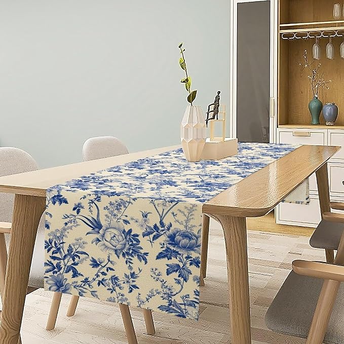 Vintage Blue Floral Table Runner, Retro Country Flowers Botanical Design Table Runner for Kitchen Dining Home Party Outdoor Indoor Decor, 13x60 Inch