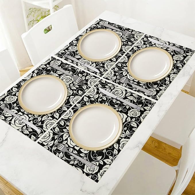 Retro Flowers Placemats Set of 6, 17x12 Inch Modern Aesthetic Black White Florals Leaves Art Print Table Mats for Home Party Kitchen Dining Decor