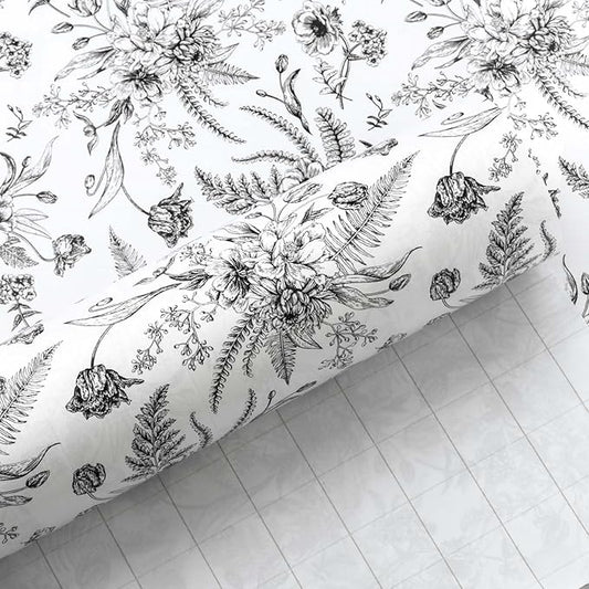 Yarcony Black and White Wrapping Paper, Floral Gift Wrapping Paper Roll, Elegant Black Lined Flowers Gift Wrap for Birthday,Wedding, Baby Shower,Christmas,Bridal Shower,Mother's Day (17 In X 16.5 Ft)