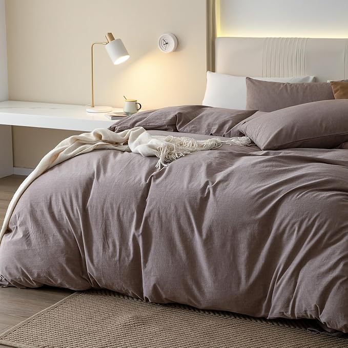 JIYUAN 100% Washed Cotton Duvet Cover Set 3 Pieces Oversized Queen, 1 Duvet Cover 98x98 Inches(Comforter Not Included) and 2 Pillowcases,Linen Like Comfy and Breathable, Heathered Mauve Brown