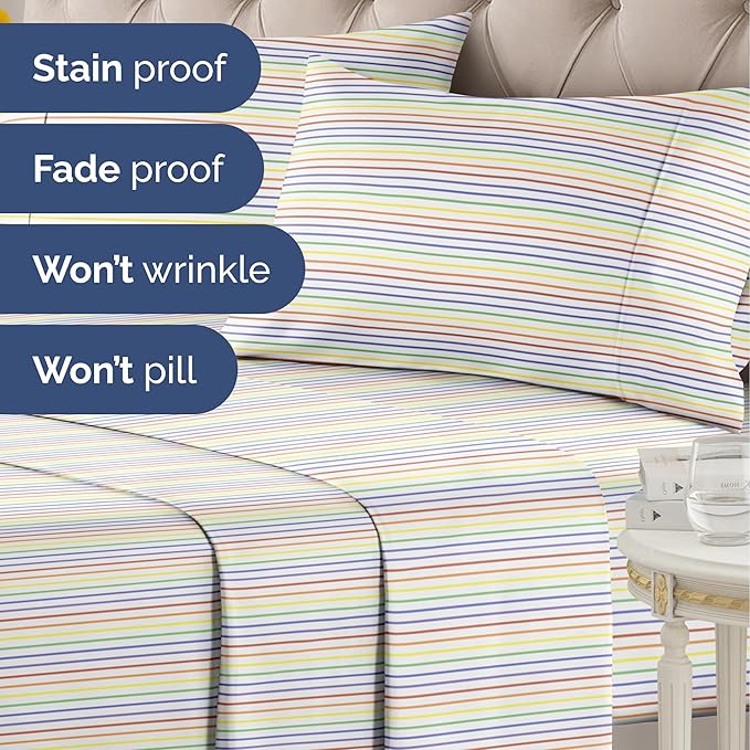 Rainbow Striped Sheet Set - Colorful Striped Bed Set - 1 Flat & 1 Fitted Sheet & 2 Pillowcases w/ Deep Pockets - Wrinkle & Fade Resistant - Soft, Breathable and Cooling - Rainbow Bedding - Full Size