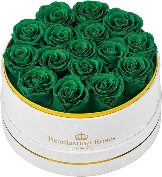 Preserved Roses Forever Flowers Real Roses in a Box Mother's Day Birthday Flowers for Her Mom Women Wife Valentine's Day, 16 Green Roses