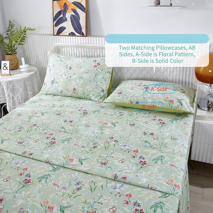 RYNGHIPY Shabby Flowers Print Bed Sheet Collections Egyptian Cotton Garden Floral Sheets (Green Floral,Queen Size)