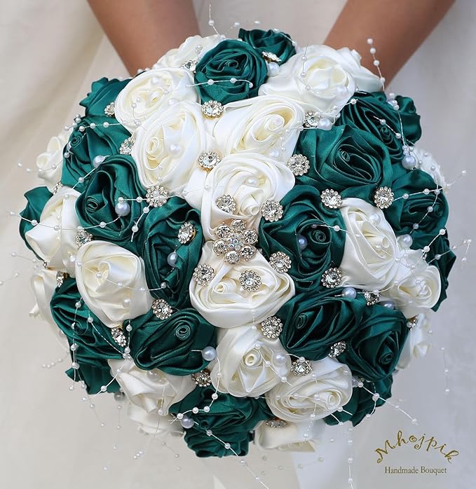 Bridal Wedding Bouquet Round Bling Brooch Bouquet Throw Toss Artificial Rose Flower Bunch for Bride Bridesmaid Wedding Quinceanera(Dark Green & Ivory, 7.5")
