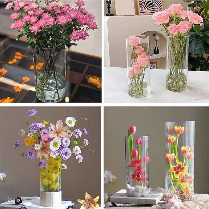 24 Pack Plastic Cylinder Vases, 4 6 8 10 Inch Tall Acrylic Cylinder Clear Flower Vase Set Bulk Glass Like Large Round Plastic Vases for Centerpiece Wedding Home Office