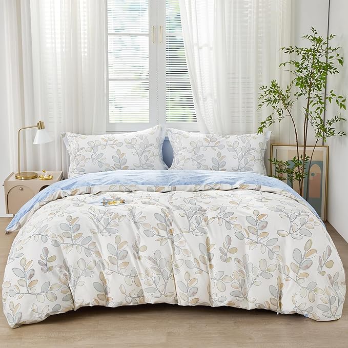 SAPHREAS King Size Botanical Leaves Pattern Duvet Cover 3pcs Blue Leaf Cotton Garden Style Bedding Comforter Cover Set 1 White Quiltuvet Cover 104"x90" 2 Pillow Shams, Comforter Not Included