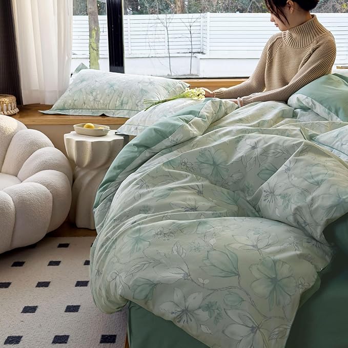 AOJIM Green Kids Adults Duvet Cover Set with Floral Patterns, Soft Comfy 100% Cotton Comforter Cover Set 3pcs, 1 AB Sided Quilt Cover Full Size and 2 Matching Pillowcases for Room Decor, No Quilt