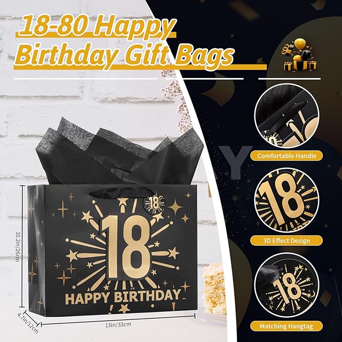 Bloomwords 18th Birthday Gift Bag Set with Card & Tissue – 13" Elegant Keepsake Party Bags for Unisex Anniversaries, Gift Wrapping & Celebrations