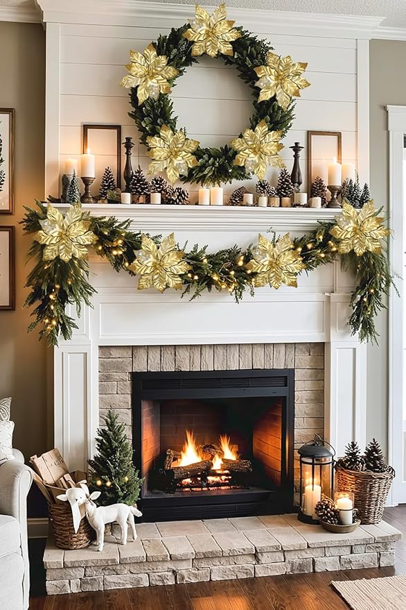 DILATATA 3 Pcs Artificial Christmas Flowers 11 Inch Glitter Poinsettia Picks Christmas Tree Ornaments Topper Decorations Gold Poinsettias Flowers for Xmas New Year Wreath Garland Wedding Party Decor