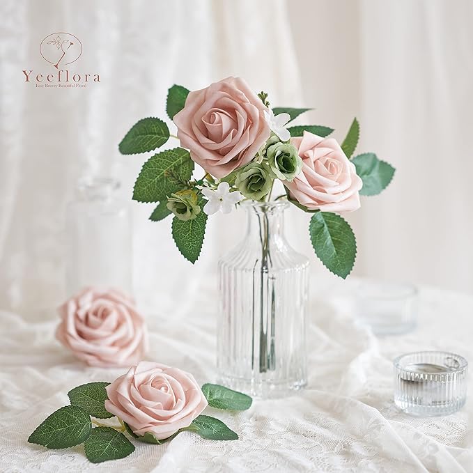 Artificial Flowers, 25pcs Artificial Rose for DIY Wedding Bouquets Centerpieces Arrangements, Pink Foam Roses with Stem for Bridal Shower Party Home Decorations