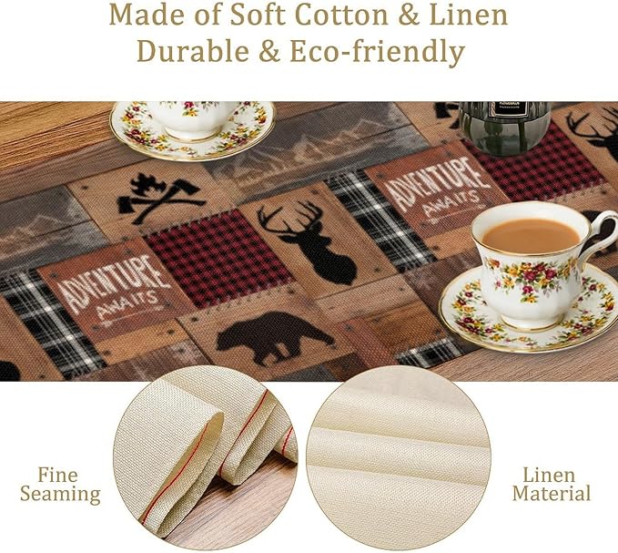 Rustic Cabin Moose Deer Bear Table Runner, Retro Bear Cottage Country Style Cabin Farmhouse Dinner Runner for Home Kitchen Dining Table Decoration 13"x120"
