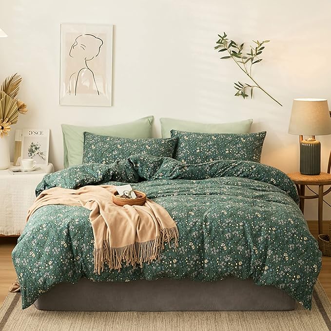 HighBuy Jersey Knit Cotton Duvet Cover King Green Floral 100% T-Shirt Cotton Comfy Bedding Sets Super Soft Garden Chic Comforter Cover King Size