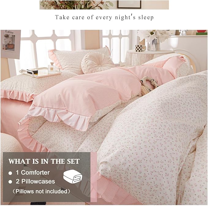 VM VOUGEMARKET Queen Comforter Set Pink Floral Comforter Romantic Girls Ruffle Lace Bedding Set Soft Lightweight Girls Comforter with 2 Pillow Shams