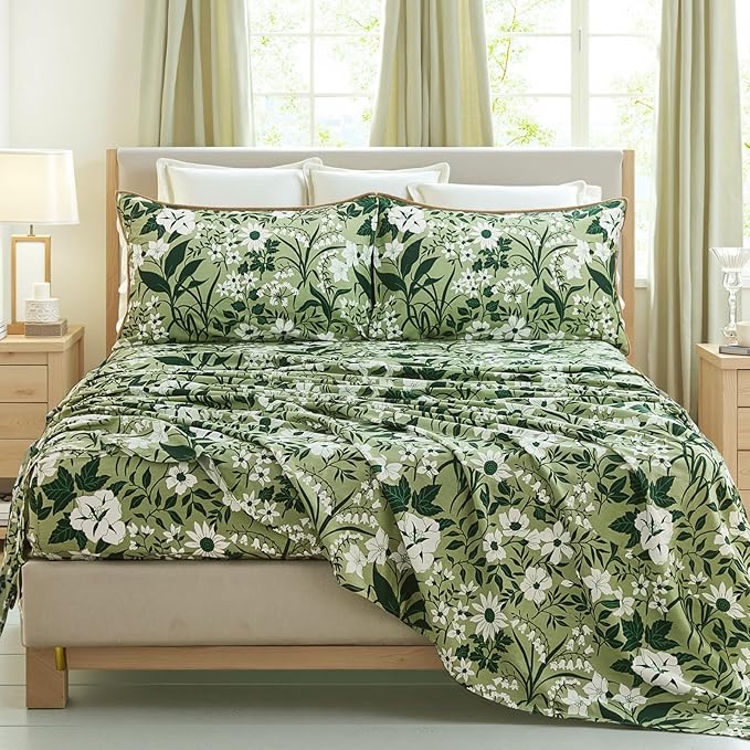 100% Cotton Sheet Set Queen Size – 4-Piece Luxury Forest Green Floral Bedding, Soft Breathable Percale Weave, Deep Pocket Fitted Sheet 17.5", Crisp Cool Feel, Refined Botanical Elegance