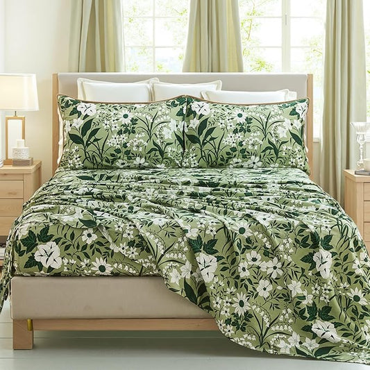 100% Cotton Sheet Set Queen Size – 4-Piece Luxury Forest Green Floral Bedding, Soft Breathable Percale Weave, Deep Pocket Fitted Sheet 17.5", Crisp Cool Feel, Refined Botanical Elegance