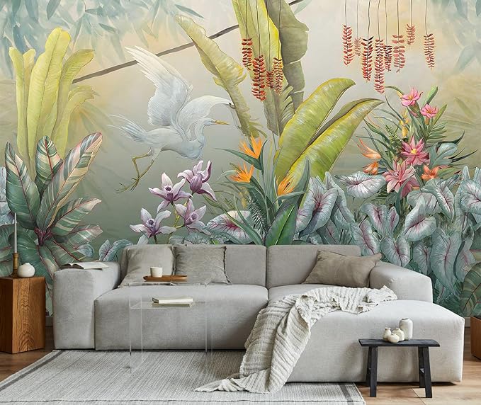 Hand-Painted Colorful Leaves Wall Mural, White Cranes Playful Leaves Wallpaper, Wall Decorations（Non-self-Adhesive）