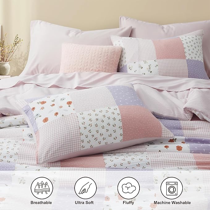 Oli Anderson King Comforter Set, 7 Pieces Misty Pink Floral Seersucker Bed Comforter, Patchwork Reversible Bed in a Bag with Comforter, Sheets, Pillowcases & Shams (Misty Pink, King)