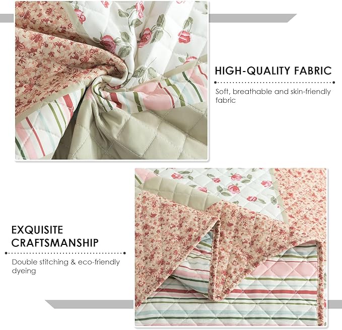 Travan 3-Piece Quilt Set Quilted Bedspread Lightweight Coverlet Set Patchwork Floral Oversized Reversible Soft Quilted Bedding Coverlet Set for All Seasons, Queen Size