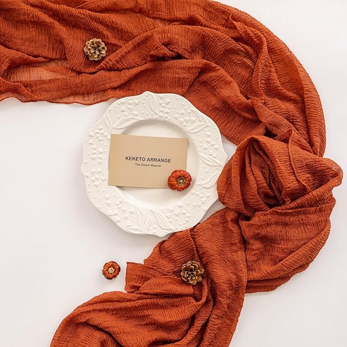 Fall Thanksgiving Table Runner Terracotta Decorations 120 Inch 10 FT Rustic Burnt Orange Sheer Cheese Cloth for Baby Bridal Shower Friendsgiving Party Centerpiece Gauze Decor for Home