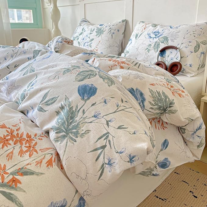 EAVD Vintage Style Botanical Floral Duvet Cover Twin Soft Cotton Chic Shabby Garden Colorful Floral Bedding Set with 2 Pillowcases Fresh Spring Botanical Duvet Cover with Zipper Closure
