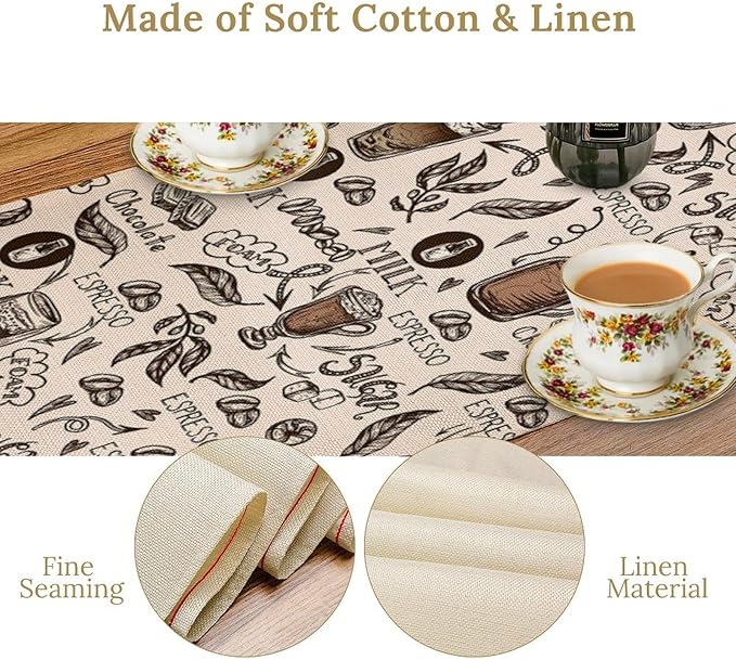 Coffee Theme Table Runner Coffee Time Espresso Seasonal Dinner Runner for Retro Farmhouse Kitchen Dining Coffee Table Decoration Cabin Home Holiday Party 13x60in