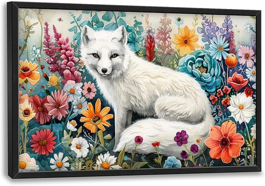 Framed Large Pictures Wall Art for Living Room, White Fox Oversized Wall Decor Animal Floral Canvas Print Painting Modern Extra Large Framed Artwork for Bedroom Office 36"x24"