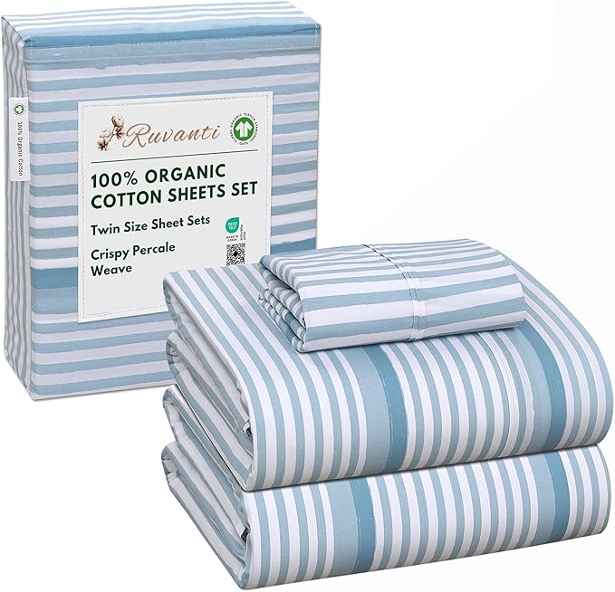 RUVANTI 100% Organic Cotton Sheets Twin Size, Percale Weave, GOTS Certified, 3-Piece Set, Deep Pocket 15", Crisp & Breathable, Soft Durable Bedding, Sábanas Algodón Orgánico – Nautical Stripes